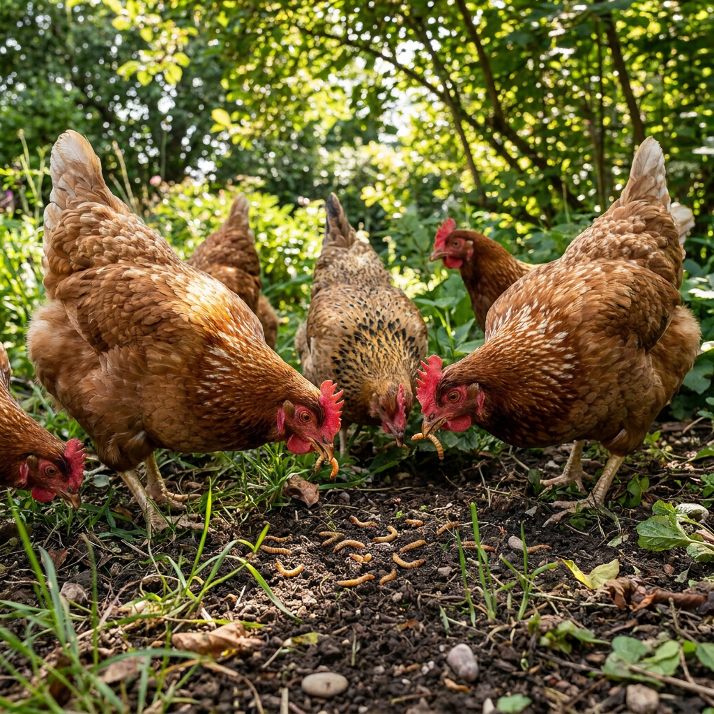 Gallina comiendo larvas de Tenebrio molitor
